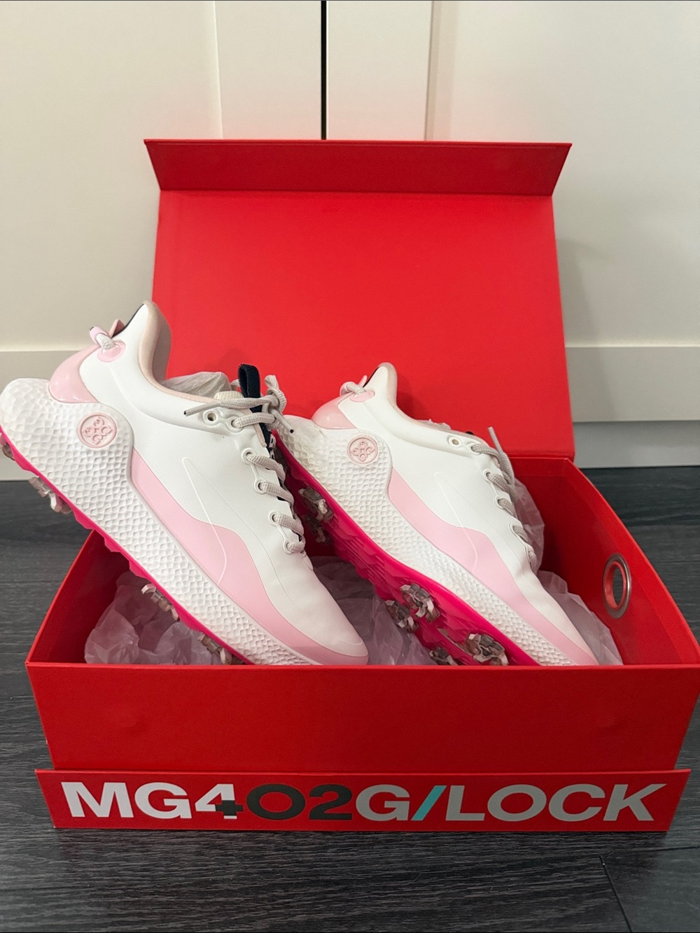 G/FORE MG4 + O2 G/Lock Golf Shoe White and Pink Women's Golf Spikes